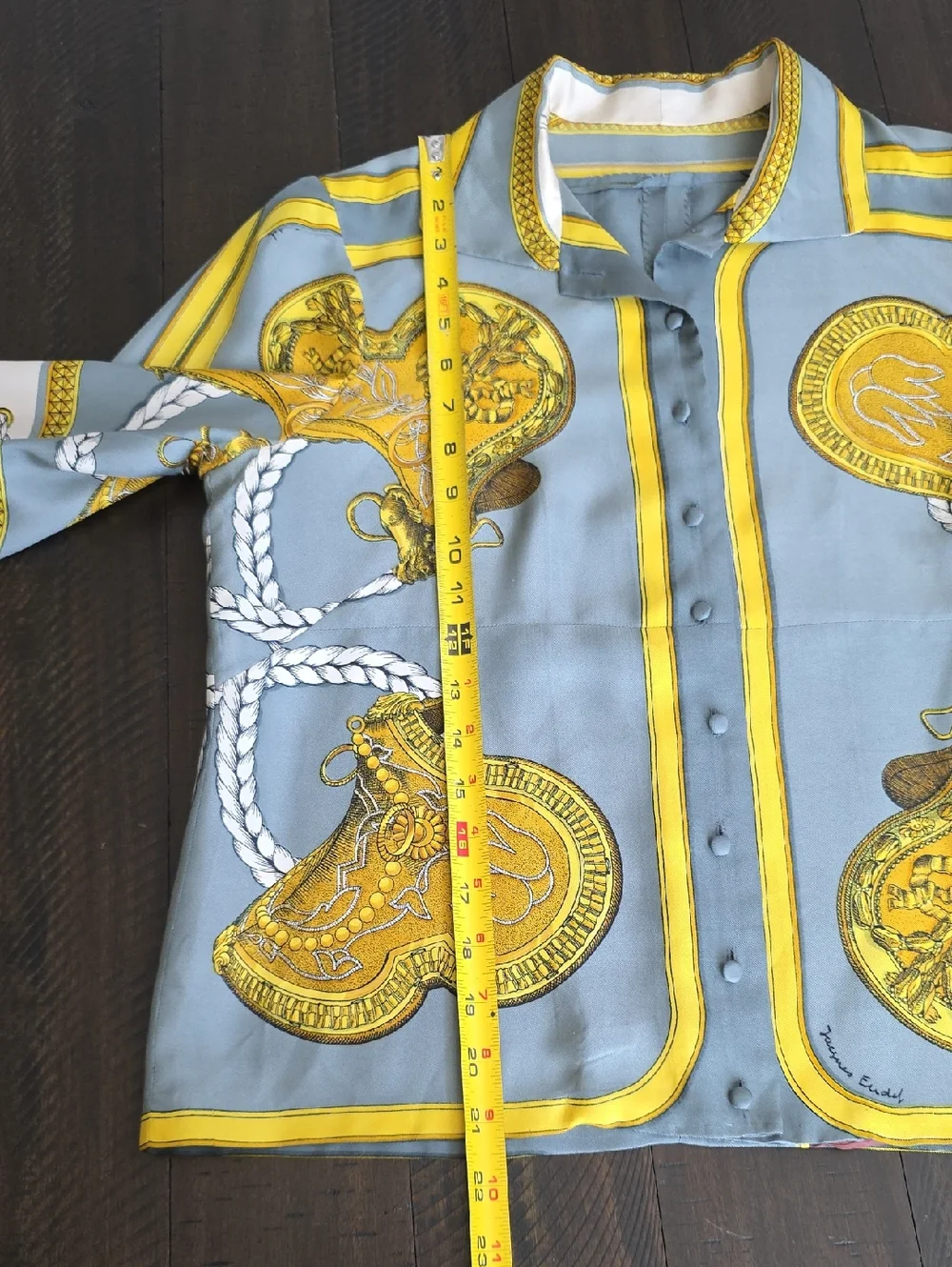 VTG Hermes 100% Silk Button-Up Blouse Equestrian Print Gray Yellow Authentic, 44 - Picture 13 of 15